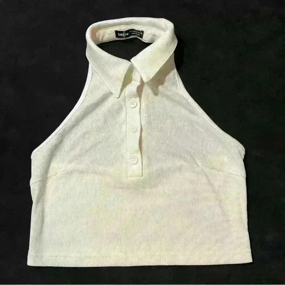 SHEIN Tops - SHEIN White Sleeveless Quarter Button Collar White Summer Crop Top Size L